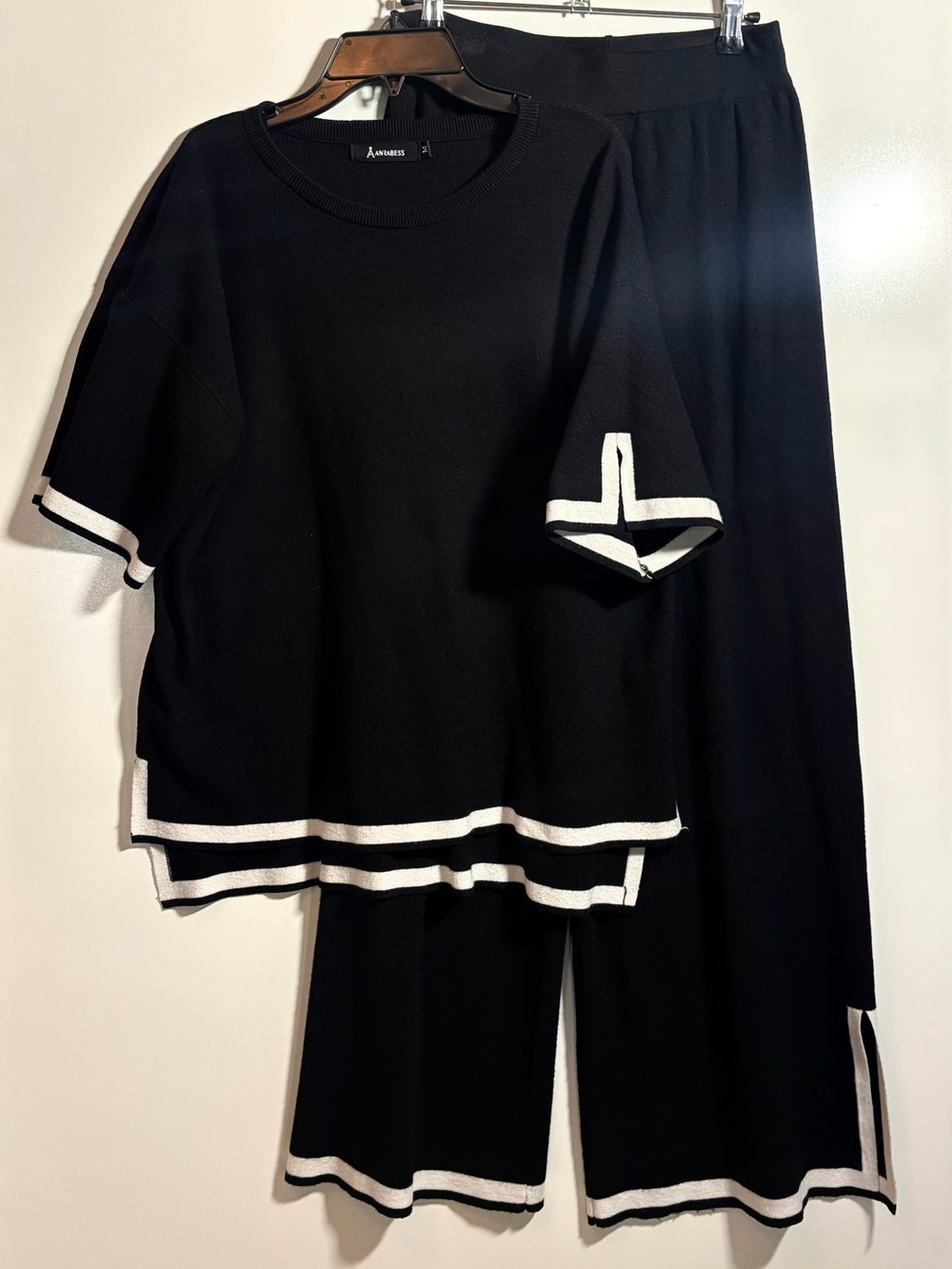 Women's Black Knit Two-Piece Pantsuit with White Trim